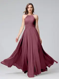 A-Line/Princess Halter Sleeveless Floor-Length Bridemaid Dresses with Ruffles — view 43