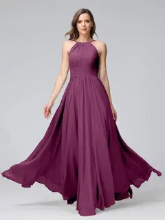 A-Line/Princess Halter Sleeveless Floor-Length Bridemaid Dresses with Ruffles — view 44