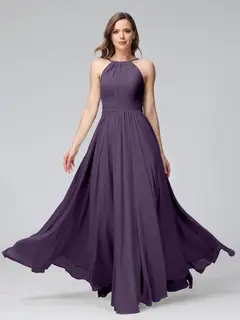 A-Line/Princess Halter Sleeveless Floor-Length Bridemaid Dresses with Ruffles — view 45