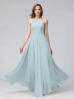 A-Line/Princess Halter Sleeveless Floor-Length Bridemaid Dresses with Ruffles — view 47