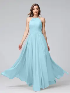 A-Line/Princess Halter Sleeveless Floor-Length Bridemaid Dresses with Ruffles — view 49