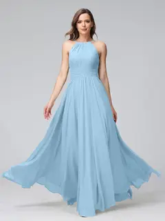 A-Line/Princess Halter Sleeveless Floor-Length Bridemaid Dresses with Ruffles — view 50