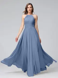 A-Line/Princess Halter Sleeveless Floor-Length Bridemaid Dresses with Ruffles — view 51