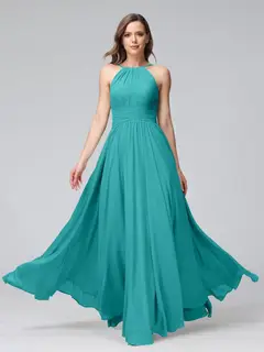 A-Line/Princess Halter Sleeveless Floor-Length Bridemaid Dresses with Ruffles — view 52