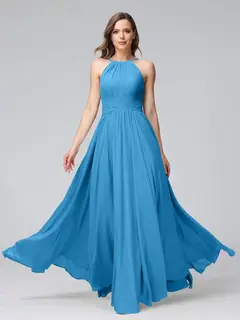 A-Line/Princess Halter Sleeveless Floor-Length Bridemaid Dresses with Ruffles — view 53