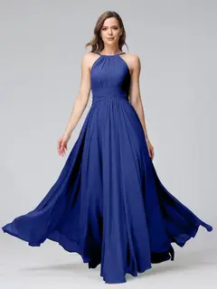 A-Line/Princess Halter Sleeveless Floor-Length Bridemaid Dresses with Ruffles — view 56