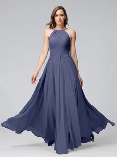 A-Line/Princess Halter Sleeveless Floor-Length Bridemaid Dresses with Ruffles — view 57