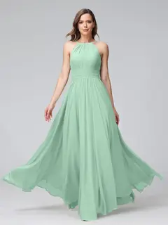 A-Line/Princess Halter Sleeveless Floor-Length Bridemaid Dresses with Ruffles — view 61