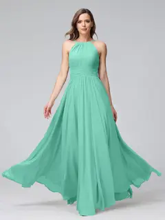A-Line/Princess Halter Sleeveless Floor-Length Bridemaid Dresses with Ruffles — view 62