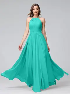 A-Line/Princess Halter Sleeveless Floor-Length Bridemaid Dresses with Ruffles — view 63