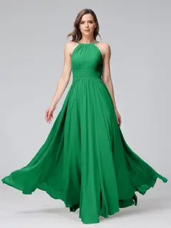 A-Line/Princess Halter Sleeveless Floor-Length Bridemaid Dresses with Ruffles — view 64
