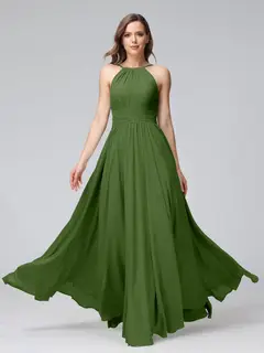 A-Line/Princess Halter Sleeveless Floor-Length Bridemaid Dresses with Ruffles — view 65