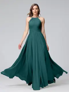 A-Line/Princess Halter Sleeveless Floor-Length Bridemaid Dresses with Ruffles — view 66