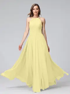 A-Line/Princess Halter Sleeveless Floor-Length Bridemaid Dresses with Ruffles — view 69