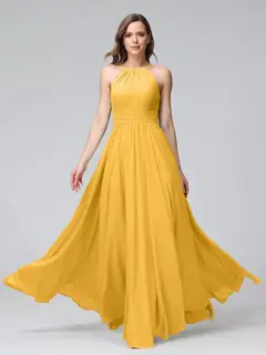 A-Line/Princess Halter Sleeveless Floor-Length Bridemaid Dresses with Ruffles — view 70