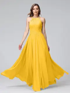 A-Line/Princess Halter Sleeveless Floor-Length Bridemaid Dresses with Ruffles — view 71
