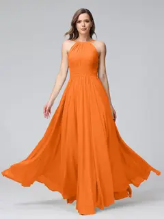 A-Line/Princess Halter Sleeveless Floor-Length Bridemaid Dresses with Ruffles — view 72