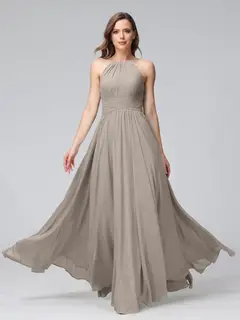 A-Line/Princess Halter Sleeveless Floor-Length Bridemaid Dresses with Ruffles — view 73