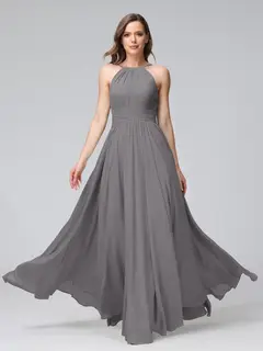 A-Line/Princess Halter Sleeveless Floor-Length Bridemaid Dresses with Ruffles — view 74
