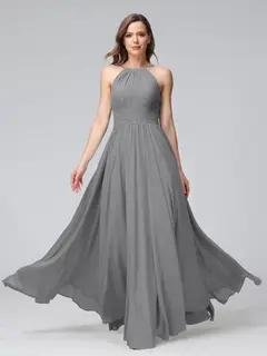 A-Line/Princess Halter Sleeveless Floor-Length Bridemaid Dresses with Ruffles — view 75