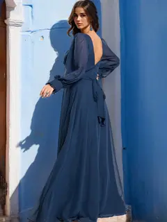 A-Line/Princess V-Neck Long Sleeves Floor-Length Unique Plus Size Bridesmaid Dresses with Split Side — view 2
