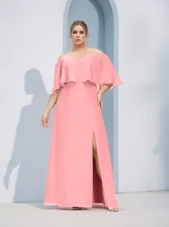 A-Line/Princess Spaghetti Straps Half Sleeves Floor-Length Plus Size Bridesmaid Dresses with Split Side — view 1