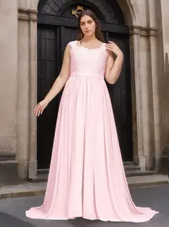 A-Line/Princess Scoop Neck Sleeveless Floor-Length Chiffon Plus Size Bridesmaid Dress with Lace & Appliques — view 1