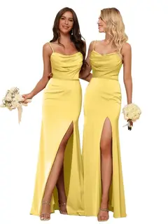 Sheath/Column Spaghetti Straps Sleeveless Floor Length Bridesmaid Dresses Satin with Ruffles Split — view 2