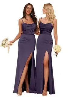Sheath/Column Spaghetti Straps Sleeveless Floor Length Bridesmaid Dresses Satin with Ruffles Split — view 3