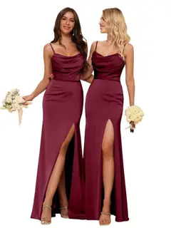 Sheath/Column Spaghetti Straps Sleeveless Floor Length Bridesmaid Dresses Satin with Ruffles Split — view 4
