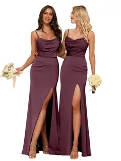 Sheath/Column Spaghetti Straps Sleeveless Floor Length Bridesmaid Dresses Satin with Ruffles Split — view 5