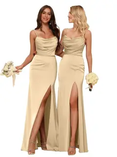 Sheath/Column Spaghetti Straps Sleeveless Floor Length Bridesmaid Dresses Satin with Ruffles Split — view 6