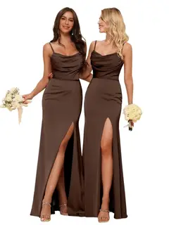 Sheath/Column Spaghetti Straps Sleeveless Floor Length Bridesmaid Dresses Satin with Ruffles Split — view 7