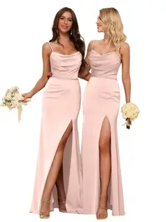Sheath/Column Spaghetti Straps Sleeveless Floor Length Bridesmaid Dresses Satin with Ruffles Split — view 8