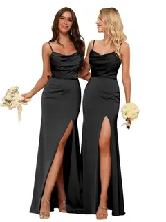 Sheath/Column Spaghetti Straps Sleeveless Floor Length Bridesmaid Dresses Satin with Ruffles Split — view 9