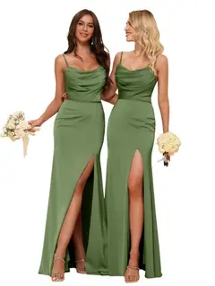 Sheath/Column Spaghetti Straps Sleeveless Floor Length Bridesmaid Dresses Satin with Ruffles Split — view 10