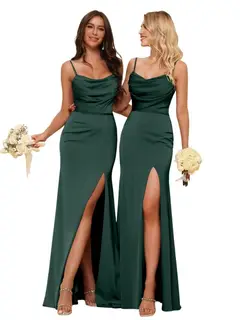 Sheath/Column Spaghetti Straps Sleeveless Floor Length Bridesmaid Dresses Satin with Ruffles Split — view 11