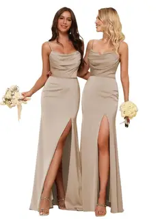 Sheath/Column Spaghetti Straps Sleeveless Floor Length Bridesmaid Dresses Satin with Ruffles Split — view 13