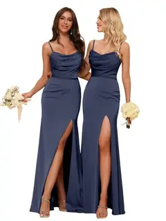 Sheath/Column Spaghetti Straps Sleeveless Floor Length Bridesmaid Dresses Satin with Ruffles Split — view 14