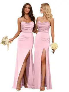 Sheath/Column Spaghetti Straps Sleeveless Floor Length Bridesmaid Dresses Satin with Ruffles Split — view 15