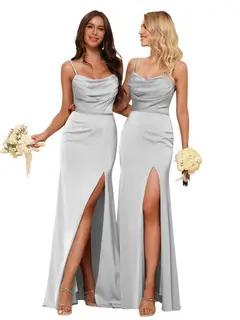 Sheath/Column Spaghetti Straps Sleeveless Floor Length Bridesmaid Dresses Satin with Ruffles Split — view 16