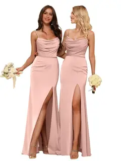 Sheath/Column Spaghetti Straps Sleeveless Floor Length Bridesmaid Dresses Satin with Ruffles Split — view 17