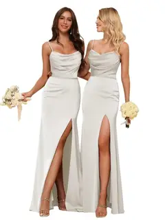 Sheath/Column Spaghetti Straps Sleeveless Floor Length Bridesmaid Dresses Satin with Ruffles Split — view 19