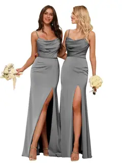 Sheath/Column Spaghetti Straps Sleeveless Floor Length Bridesmaid Dresses Satin with Ruffles Split — view 21