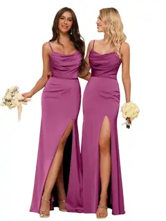 Sheath/Column Spaghetti Straps Sleeveless Floor Length Bridesmaid Dresses Satin with Ruffles Split — view 22