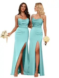 Sheath/Column Spaghetti Straps Sleeveless Floor Length Bridesmaid Dresses Satin with Ruffles Split — view 23