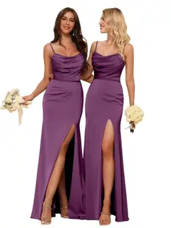 Sheath/Column Spaghetti Straps Sleeveless Floor Length Bridesmaid Dresses Satin with Ruffles Split — view 24