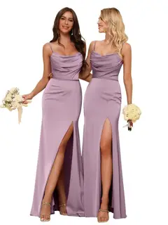Sheath/Column Spaghetti Straps Sleeveless Floor Length Bridesmaid Dresses Satin with Ruffles Split — view 26