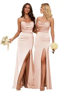 Sheath/Column Spaghetti Straps Sleeveless Floor Length Bridesmaid Dresses Satin with Ruffles Split — view 29
