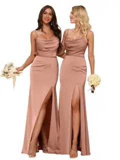 Sheath/Column Spaghetti Straps Sleeveless Floor Length Bridesmaid Dresses Satin with Ruffles Split — view 31